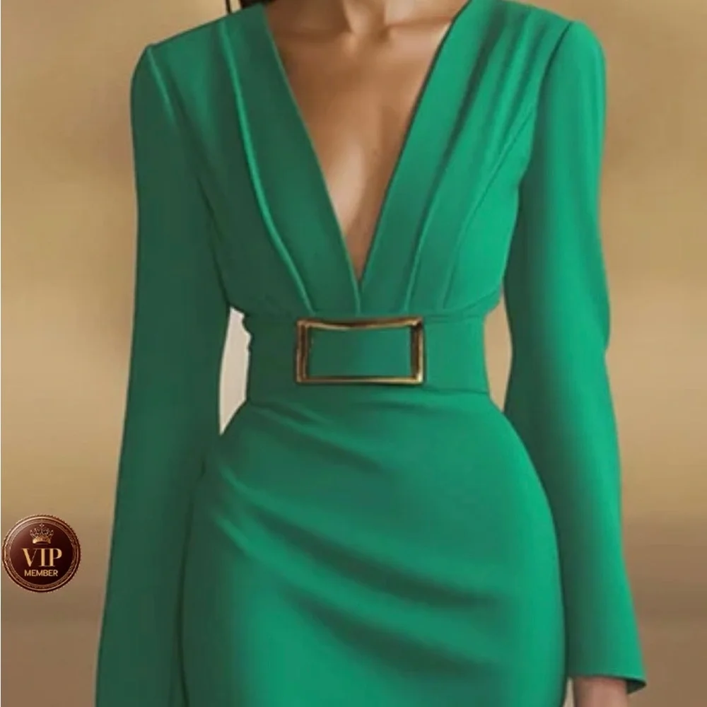 Green Deep V Neck Long Sleeve Sheath Maxi Dress - Picture 2 of 8